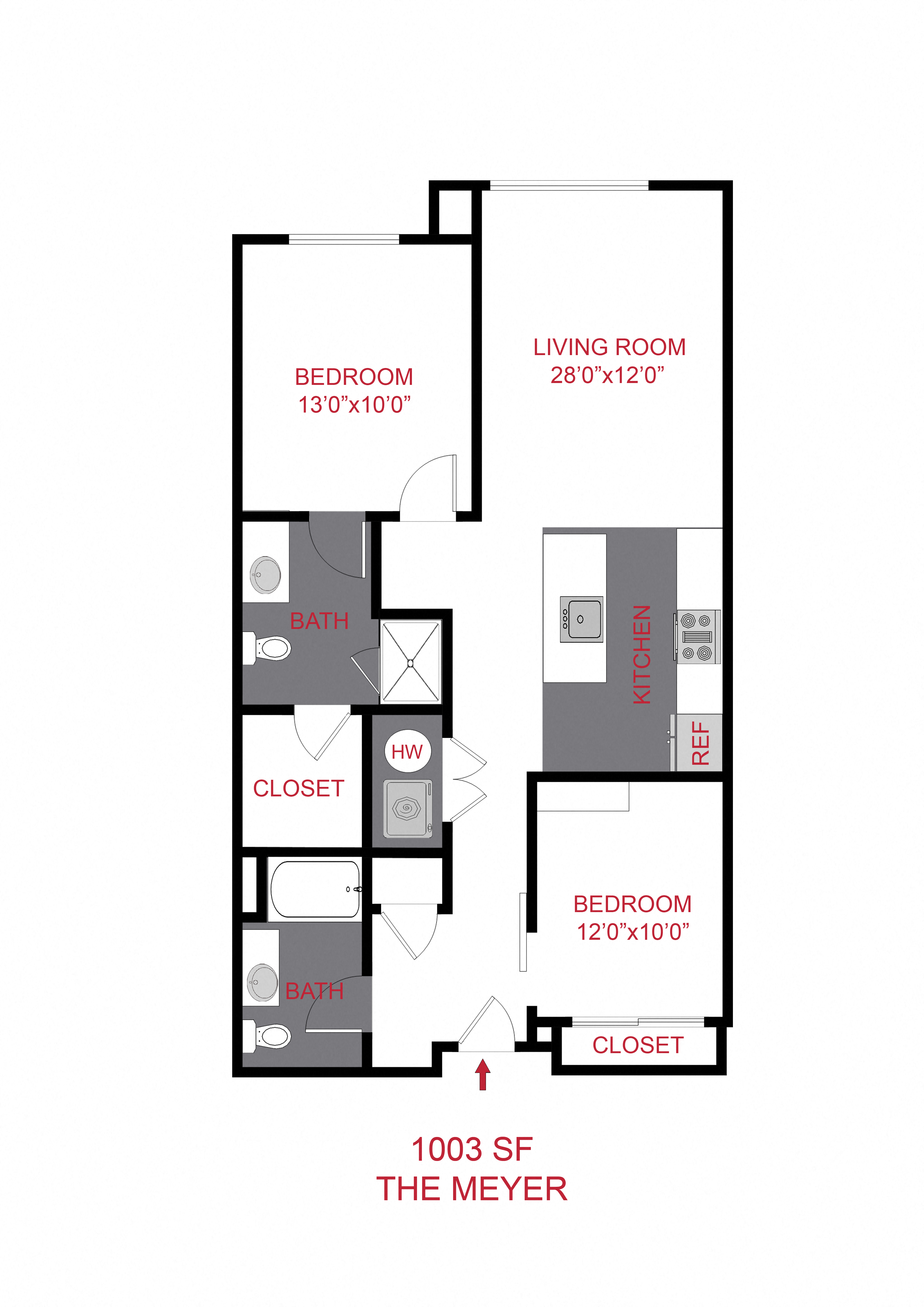 Floor plan for 2 beds, 2 baths, 1003 sqft